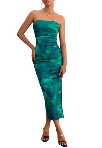 Women's Printed Strapless Tube Top Long Dress Slit Hem Sleeveless Bodycon Maxi Dresses, Blue, X-Large