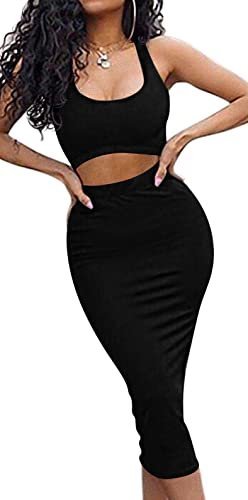 Women's Summer Outfits Bodycon Tank Top Midi Skirt 2 Piece Dress Black