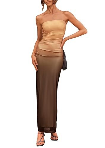 Women's Summer Maxi Bodycon Dresses Strapless Tube Top Printed Long Party Club Slit Dress, Gradient Apricot Brown, M