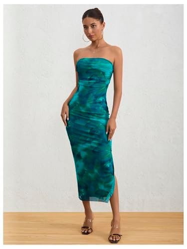 Women's Printed Strapless Tube Top Long Dress Slit Hem Sleeveless Bodycon Maxi Dresses, Blue, X-Large - Image 5