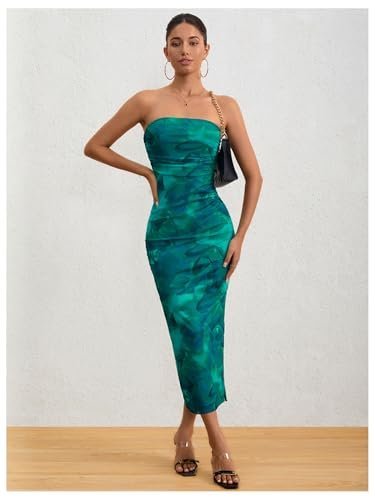 Women's Printed Strapless Tube Top Long Dress Slit Hem Sleeveless Bodycon Maxi Dresses, Blue, X-Large - Image 3