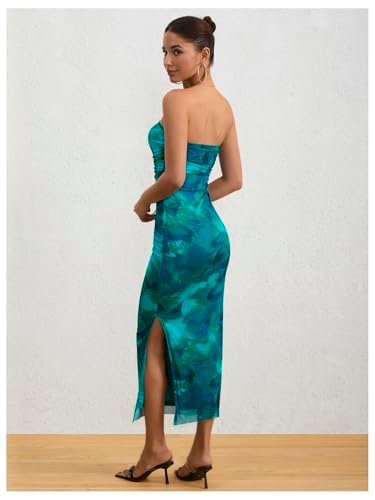 Women's Printed Strapless Tube Top Long Dress Slit Hem Sleeveless Bodycon Maxi Dresses, Blue, X-Large - Image 6