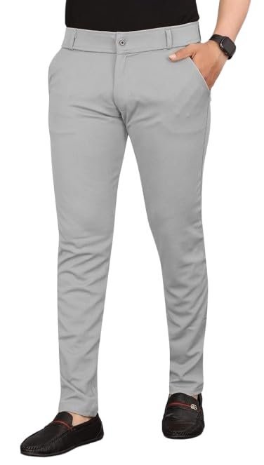 VIJETA Garments for Men Lycra Blend Formal Trousers ? Smart Fit Office Wear Pants with Elastic Waistband & Zip Fly Light Grey 36