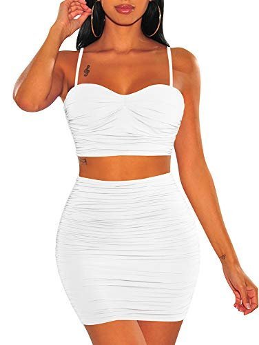 Women's Spaghetti Strap Sexy Top Bodycon Skirt Ruched 2 Piece Mini Dress White