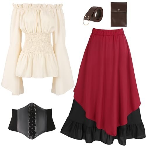 Women Renaissance Dress Blouse Top Medieval Victorian Long Sleeve Shirt Pirate Skirt Cosplay Costumes
