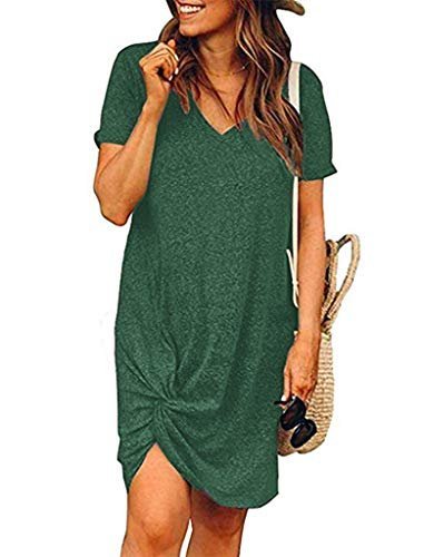 Women Loose Twist Knot T Shirts Dress Home Short Shirt Mini Dresses Tops M Green