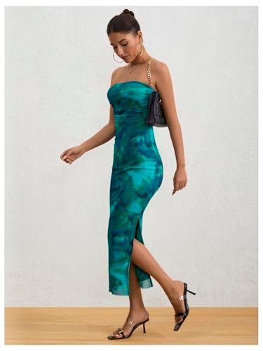 Women's Printed Strapless Tube Top Long Dress Slit Hem Sleeveless Bodycon Maxi Dresses, Blue, X-Large - Image 4