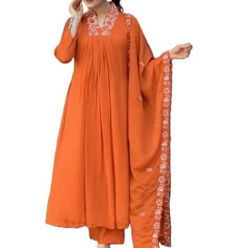 Women Solid Embroidery Kurta and Pant Set with Dupatta (in, Alpha, L, Orange)