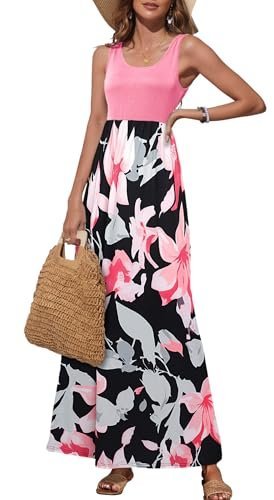 Womens Summer Scoop Neck Sleeveless Tank Top Floral Print Maxi Dress (Pink, XL)