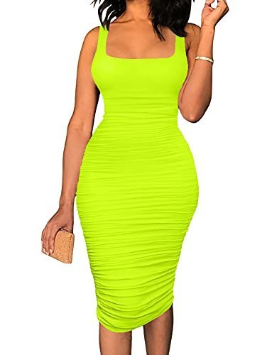 BEAGIMEG Women's Sexy Tank Top Bodycon Ruched Sleeveless Basic Midi Party Dress Fluogreen