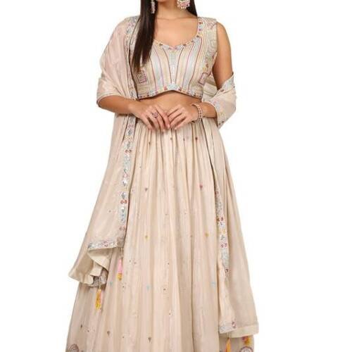 Womens Beige Chinon Blend Embroidered Ghagra Choli With Sequins