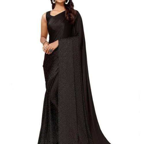 Women's Satin Silk Hot Fixing Stone Work Saree with Unstitched Blouse(3111S412_Black)