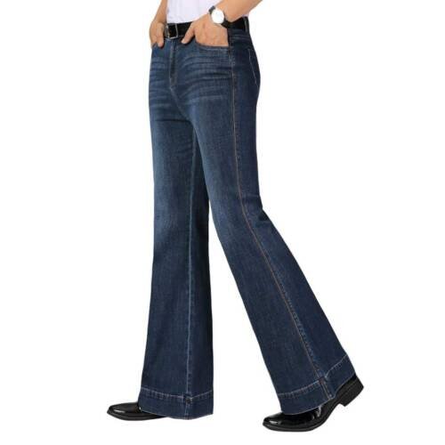 Men Bell Bottom Jeans Slim Fit Flared Denim Pants 60s 70s Retro Trousers, Dark Blue