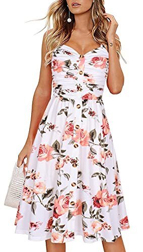 Women's Flattering Dresses Sleevless Rucehd Top Button Down Swing Midi Casual Party Dress(White Floral 2,M)