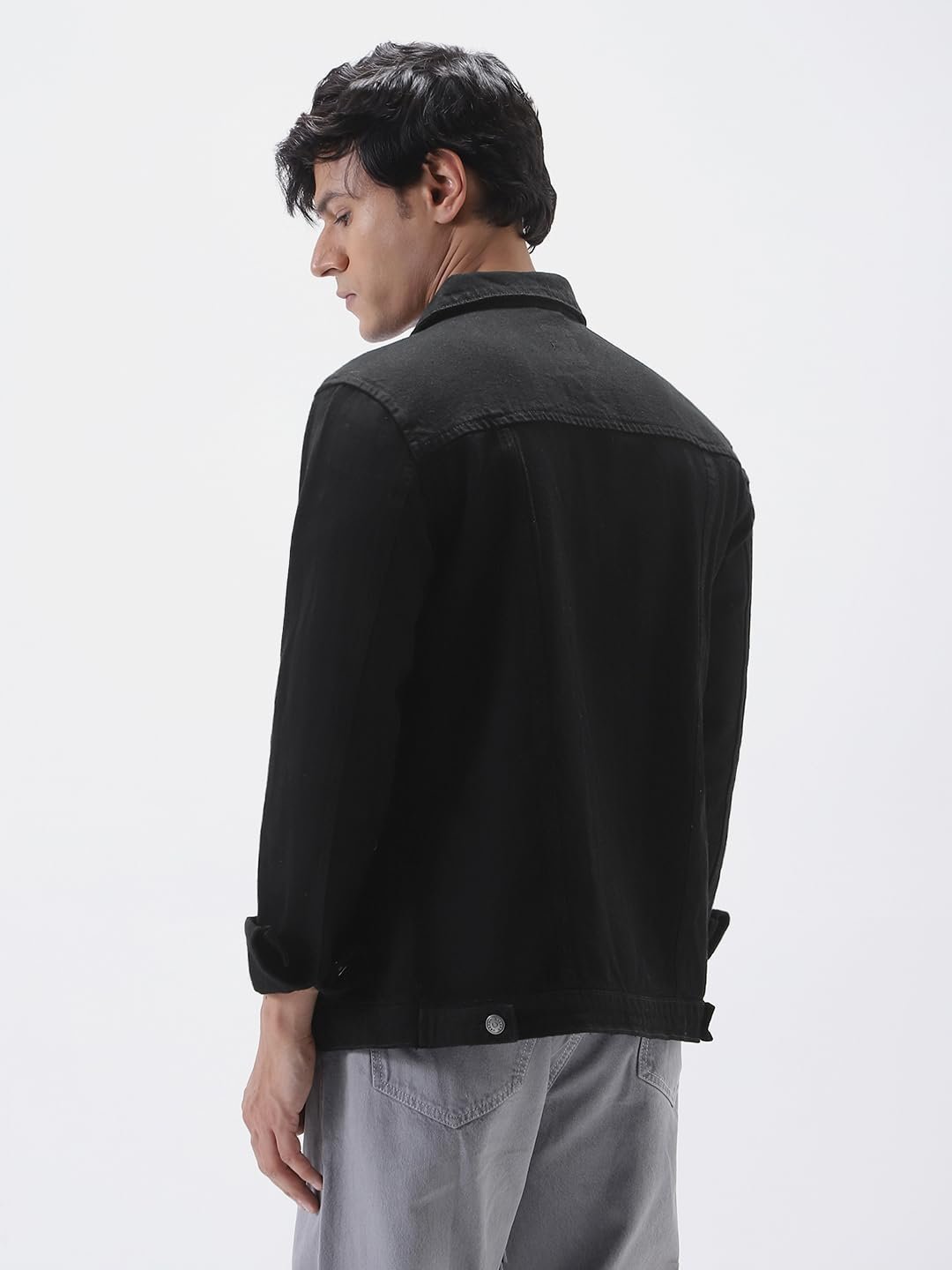 Men's Black Solid Regular Fit Washed Full Sleeve Denim Jacket (jakt-denim-black) - Image 4