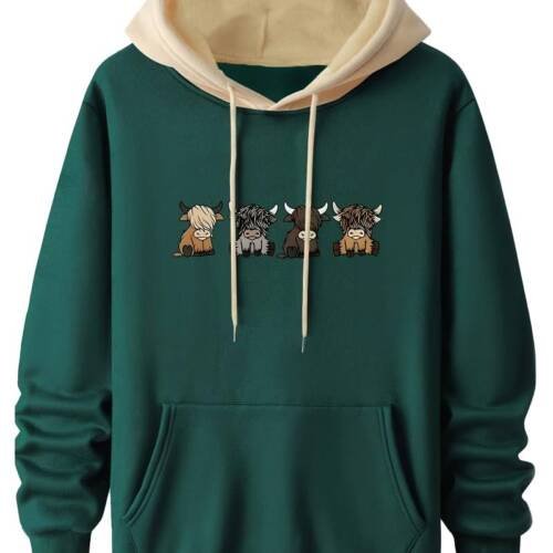 Men's Casual Woolen Hoodie with Cartoon Print | Hoodie for Man (Bull-HDY-2044-Dark Green-XXL)