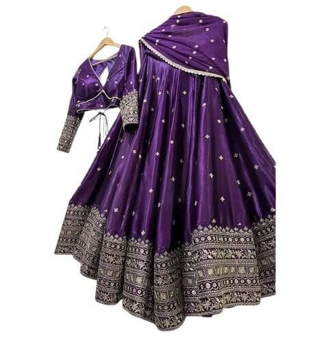 Stylish Chinon Embroidered Work Lehenga Choli For Women| Bridal Wear Lehenga Choli (Purple)