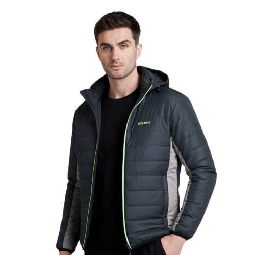 Men's Quilted Polyester Standard Length Jacket Monsoon Winter Wear Hooded Winter Padded Bomber Full Sleeve Jacket Black Charcoal 2XL