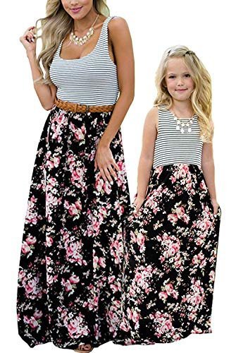 Mommy and Me Matching Maxi Dresses,Sleeveless Top Bohemia Floral Printed Matching Outfits with Pockets (Mom 8, Black)