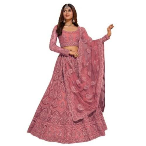 Women's Net Embroidered Semi-Stitched Lehenga Choli And Dupatta Set (Free Size) (Peach)