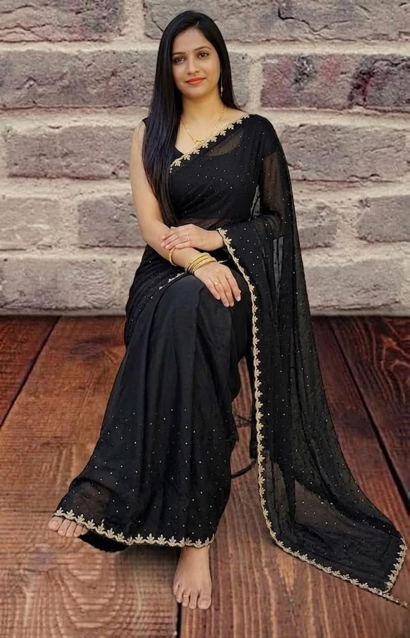 Women's Chiffon Black Saree with Blouse Piece for Traditional Ethnic Wear Sari-(AZ-YS-OG3-SHIFA BLACK) - Image 4