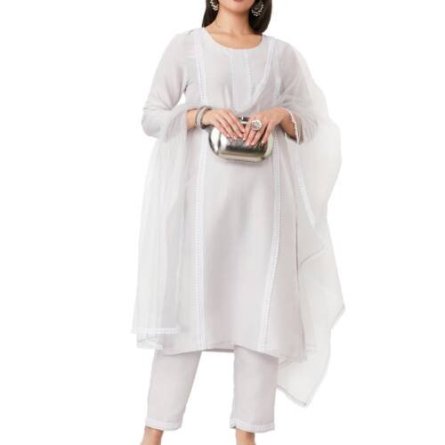Women's Lace Detail Kurta Pant Set with Dupatta (SS25 ZIL-KS-22_Grey_L)