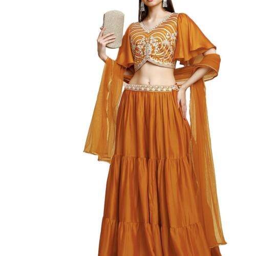 Womens' Lehenga and Aliyacut Choli Vichitra Silk with Dupatta Net with Embroidery Work Set(M-2488 Orange_X-Large)