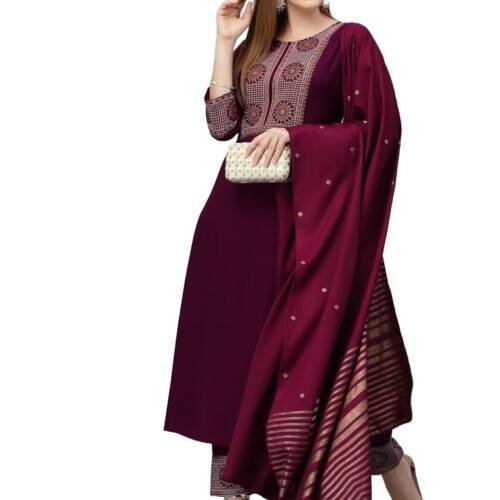 Viscose Women Embroidered Kurta Pant Dupatta Set (Xx-Large) Wine