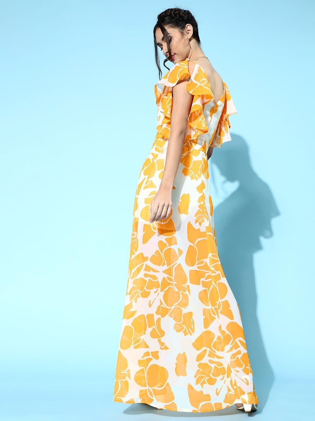 Mustard Floral Frill Sleeve Maxi - Image 3