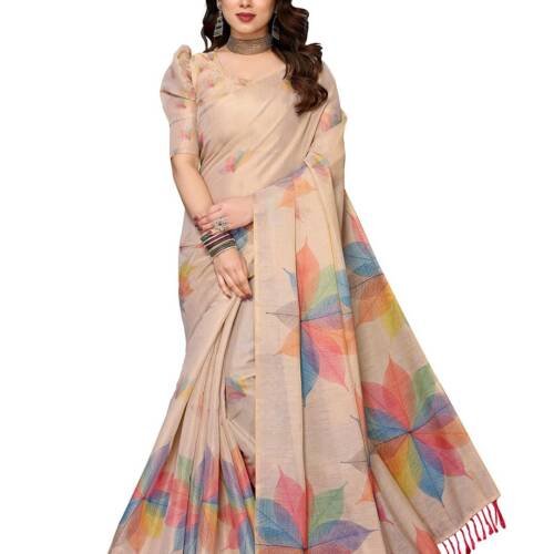 Women's Floral Digital Print Chandheri Saree with Unstitched Blouse Material_AZ-YS-P1-SASIKALA WHITE