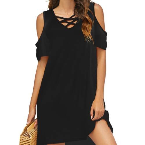 Women Cold Shoulder Criss Cross Neckline Short Sleeve Casual Tunic Top Dress (XXXL, Black)