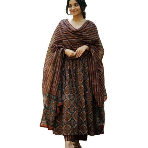 Women Printed Flared A-Line Kurta with Pant and Dupatta Suit Set | Kurta Set | Wedding Suit (Large) Brown