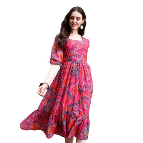 Women's Georgette Floral Printed Indo-Western Ethnic Gown || Half Sleeve V Neck Fit & Flare Flared Hem Design || Casual Wear A-Line Maxi Dress Pink