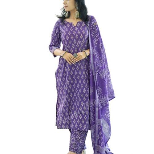 Women's Cotton Printed Straight Kurta With Palazzo & Dupatta Set (Xxx-Large), Purple