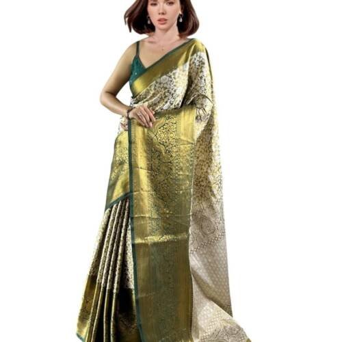 Women's Kanjivaram Soft Silk Banarasi Silk Kanchi Pattu Original Rajwadi Print Pure Jari Hand Weving Silk Saree With Blouses Piecs For Wedding