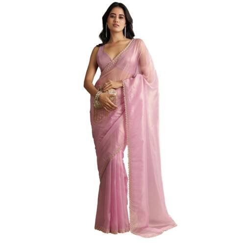 Fashion Pink Tissue Saree With All Over Stone Embellishment And Cutdana Scallop Border Tissue sarees for women Traditional Ethnic Wear Fashion Wear Wedding Collection