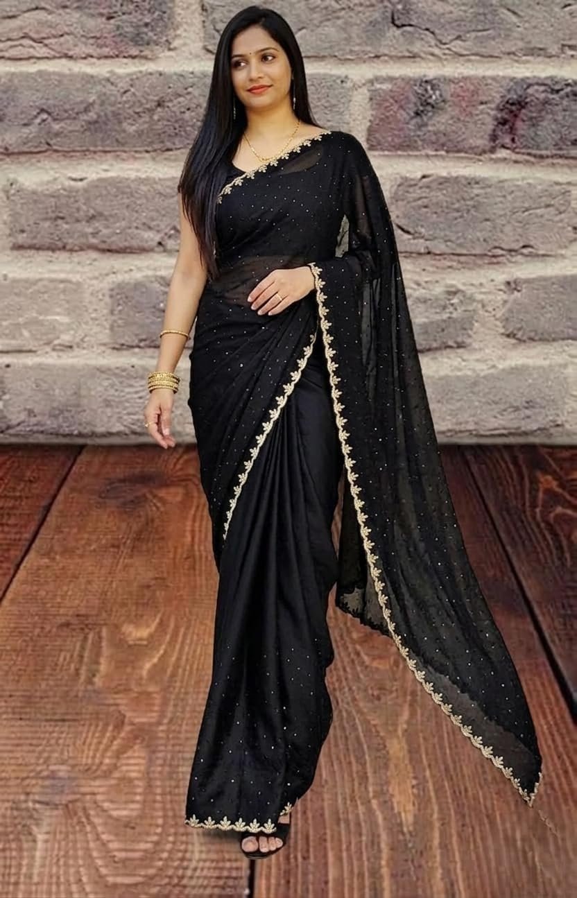Women's Chiffon Black Saree with Blouse Piece for Traditional Ethnic Wear Sari-(AZ-YS-OG3-SHIFA BLACK) - Image 3