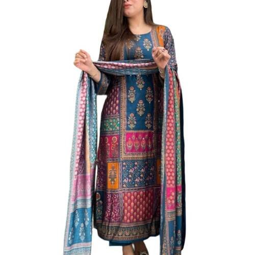 Women's Rayon Viscose Printed Straight Kurta with Pant & Dupatta (Sula Multi-GS_L_Multicolor_Large)