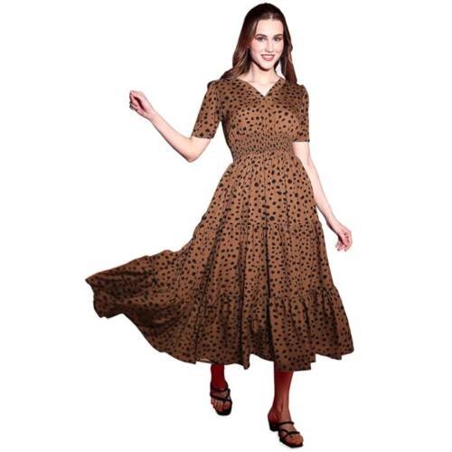 Women's Crepe Fit and Flare Printed Half Sleeve V-Neck Casual Dress Maroon
