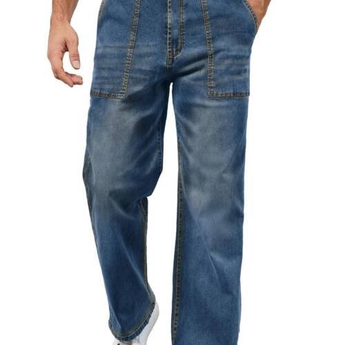 Men's Elastic Waist Baggy Jeans Stretch Denim Wide Leg Trousers Loose Fit Casual Pants, Classic Blue, L
