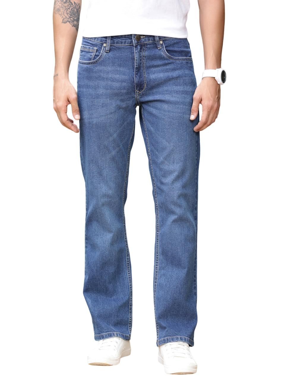 Men's Mid-Rise Clean Look Boot Cut Jeans (TSJ217_Mid Indigo)