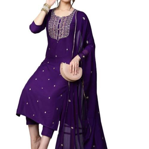 Women's Cotton Blend Embroidered Straight Kurta with Pant & Dupatta (Kasturi Begani-NGT-GS_M_Blue_Medium)