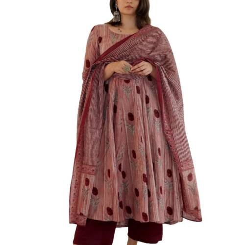 Women Printed Anarkali Kurta and Pant Set with Dupatta (in, Alpha, M, Peach)