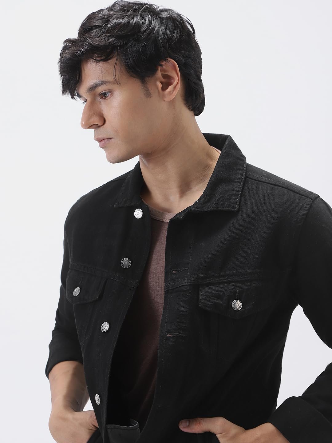 Men's Black Solid Regular Fit Washed Full Sleeve Denim Jacket (jakt-denim-black) - Image 6