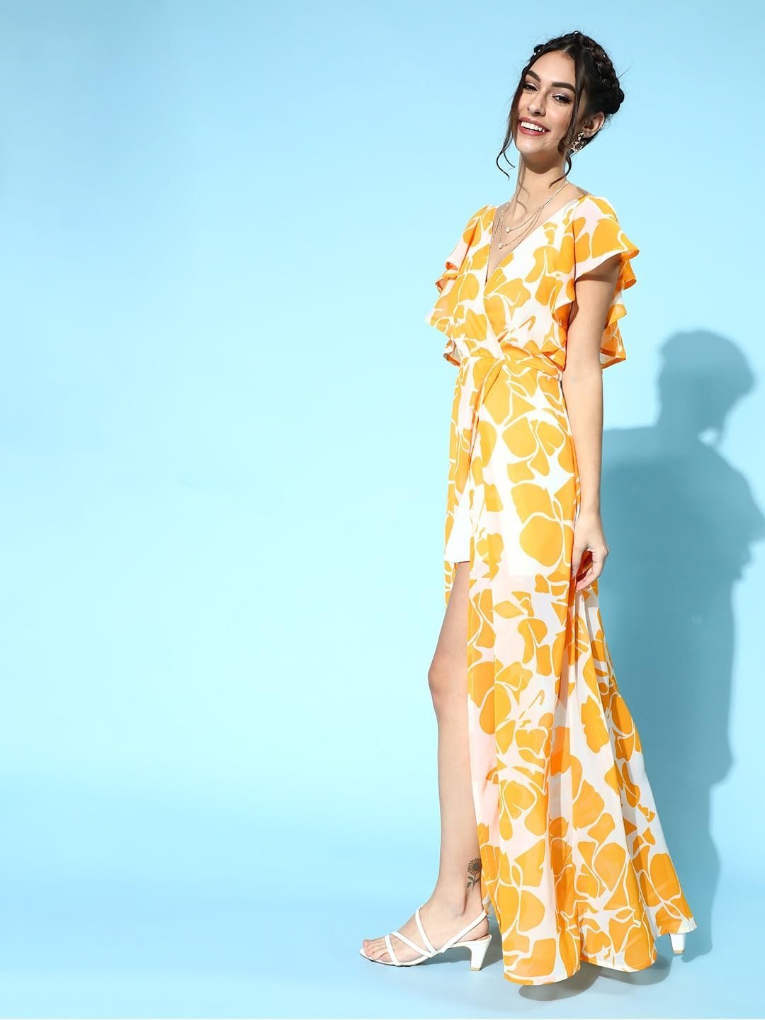 Mustard Floral Frill Sleeve Maxi - Image 4