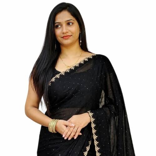 Women's Chiffon Black Saree with Blouse Piece for Traditional Ethnic Wear Sari-(AZ-YS-OG3-SHIFA BLACK)