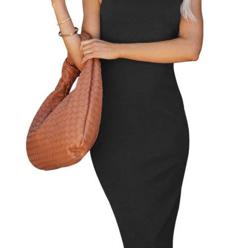 PRETTYGARDEN Women Basic Bodycon Midi Dress Crewneck Sleeveless Casual Summer Tank Top Dresses (Black, Medium, m)