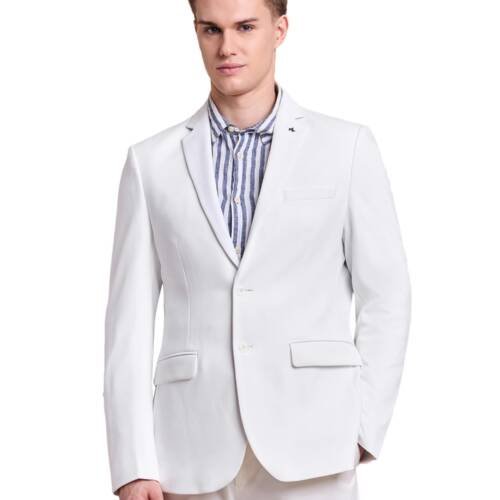 Men's Solid Full Sleeves Regular Fit Notch Lapel Collar Polyester Blazer White