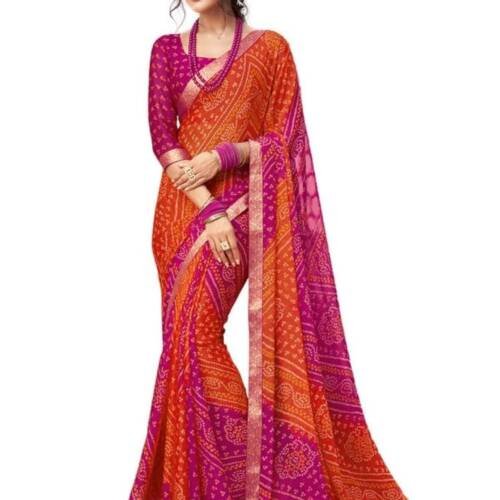 Women's Bandhani Printed Chiffon Saree with Blouse(2612S2078_Pink & Orange)