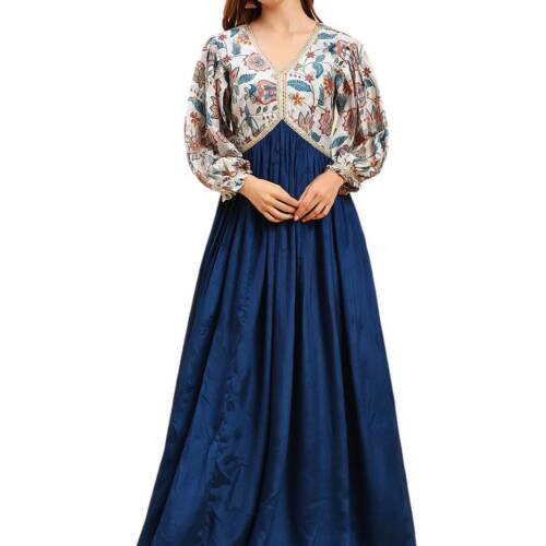 Women's Chinon Gown For Women Ethnic With Digital Print And Embroidery Work Long Gown(M-2453 Mor Pichch_Small) Blue